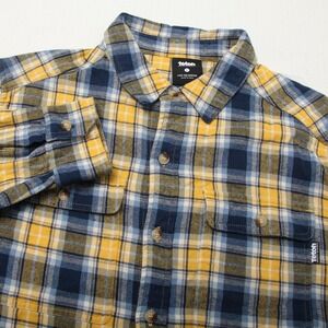 Teton Gravity Research Shirt Mens Large Blue Yellow Plaid Flannel Button Down